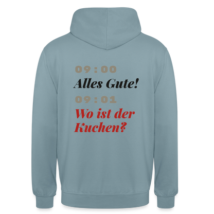 "09:00 Alles Gute! 09:01 Wo ist der Kuchen?" Motiv-Hoodie unisex, Farbe Nebelblau