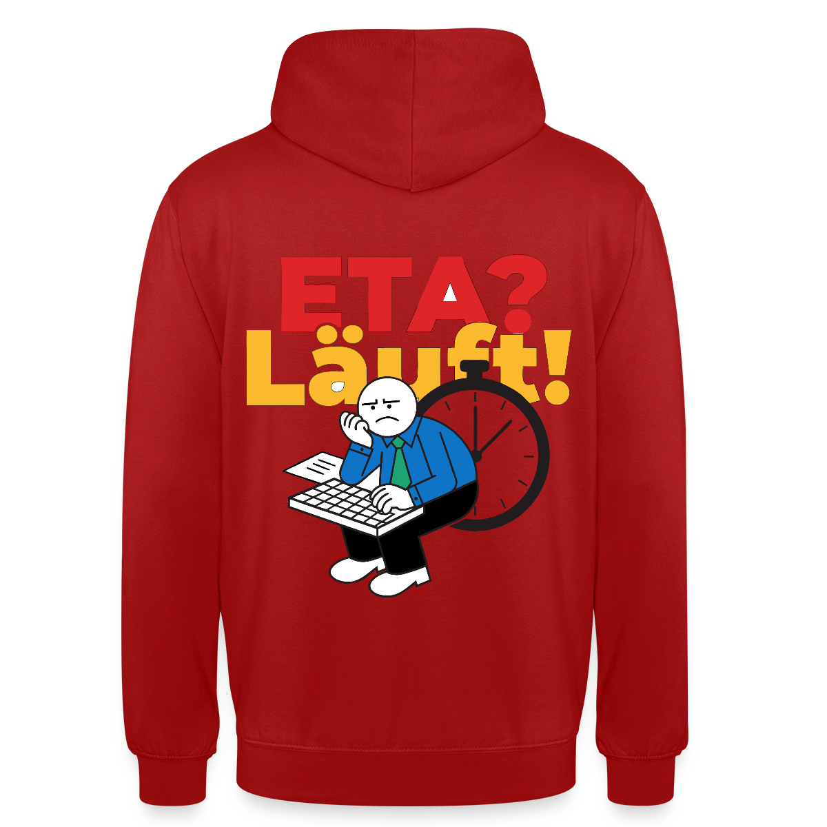 "ETA? Läuft! Strichfiguren-Motiv" Motiv-Hoodie unisex, Farbe Rot
