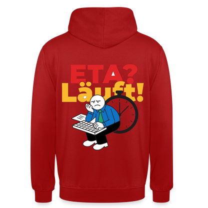 "ETA? Läuft! Strichfiguren-Motiv" Motiv-Hoodie unisex, Farbe Rot