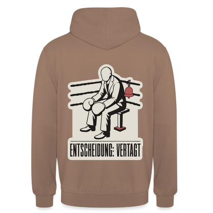 "Entscheidung: vertagt. Boxplakat-Motiv" Motiv-Hoodie unisex, Farbe Mokka