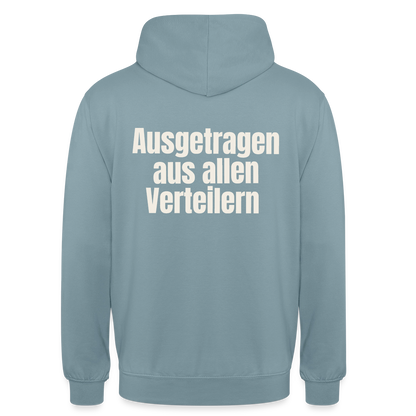"Ausgetragen aus allen Verteilern" Motiv-Hoodie unisex, Farbe Nebelblau