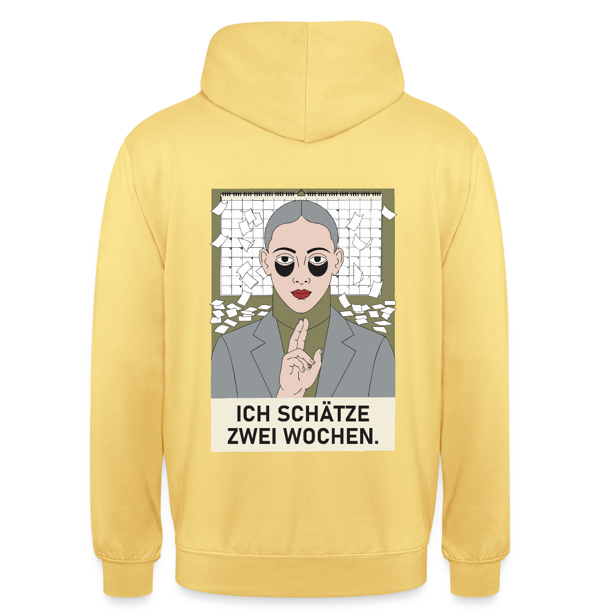 Ich schätze zwei Wochen. Porträt-Motiv Motiv-Hoodie unisex, Farbe Zitronengelb