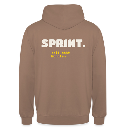 Sprint. Seit acht Monaten. Motiv-Hoodie unisex, Farbe Mokka