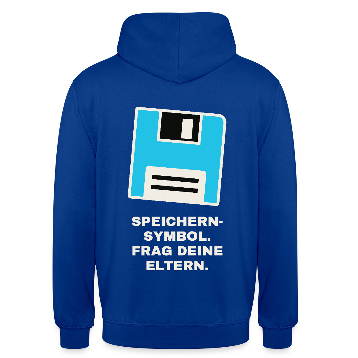 Speichern-Symbol. Frag deine Eltern. Motiv-Hoodie unisex, Farbe Royalblau