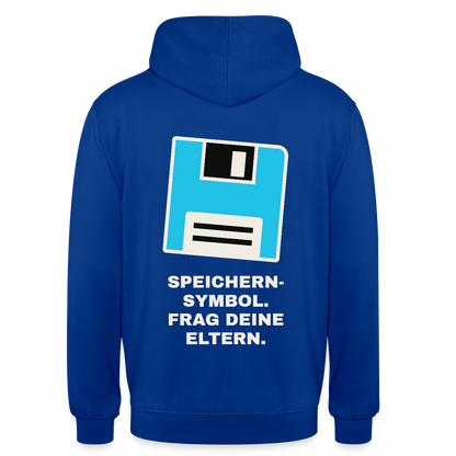 Speichern-Symbol. Frag deine Eltern. Motiv-Hoodie unisex, Farbe Royalblau