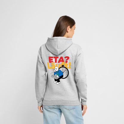 "ETA? Läuft! Strichfiguren-Motiv" Motiv-Hoodie unisex, Farbe Hellgrau meliert