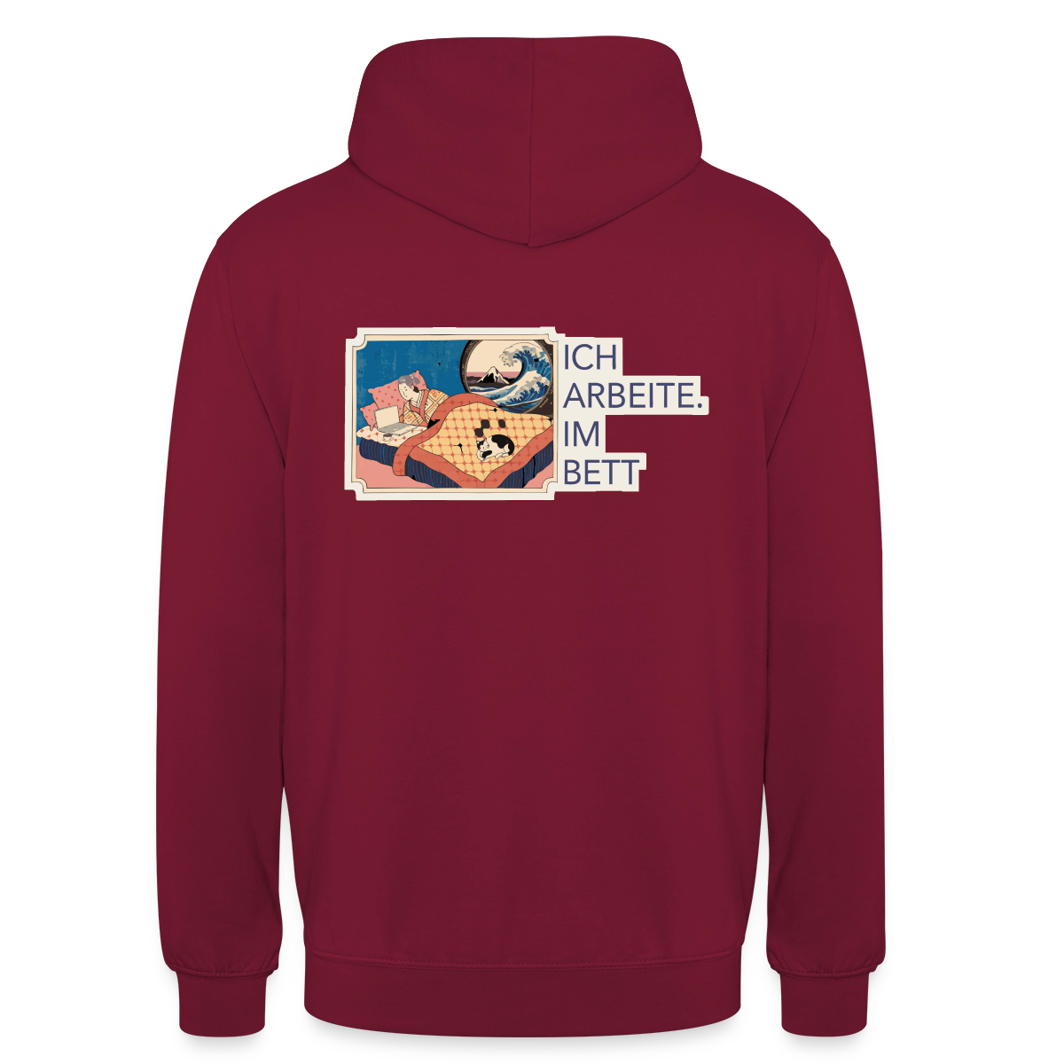 Ich arbeite. Im Bett. Motiv-Hoodie unisex, Farbe Bordeaux