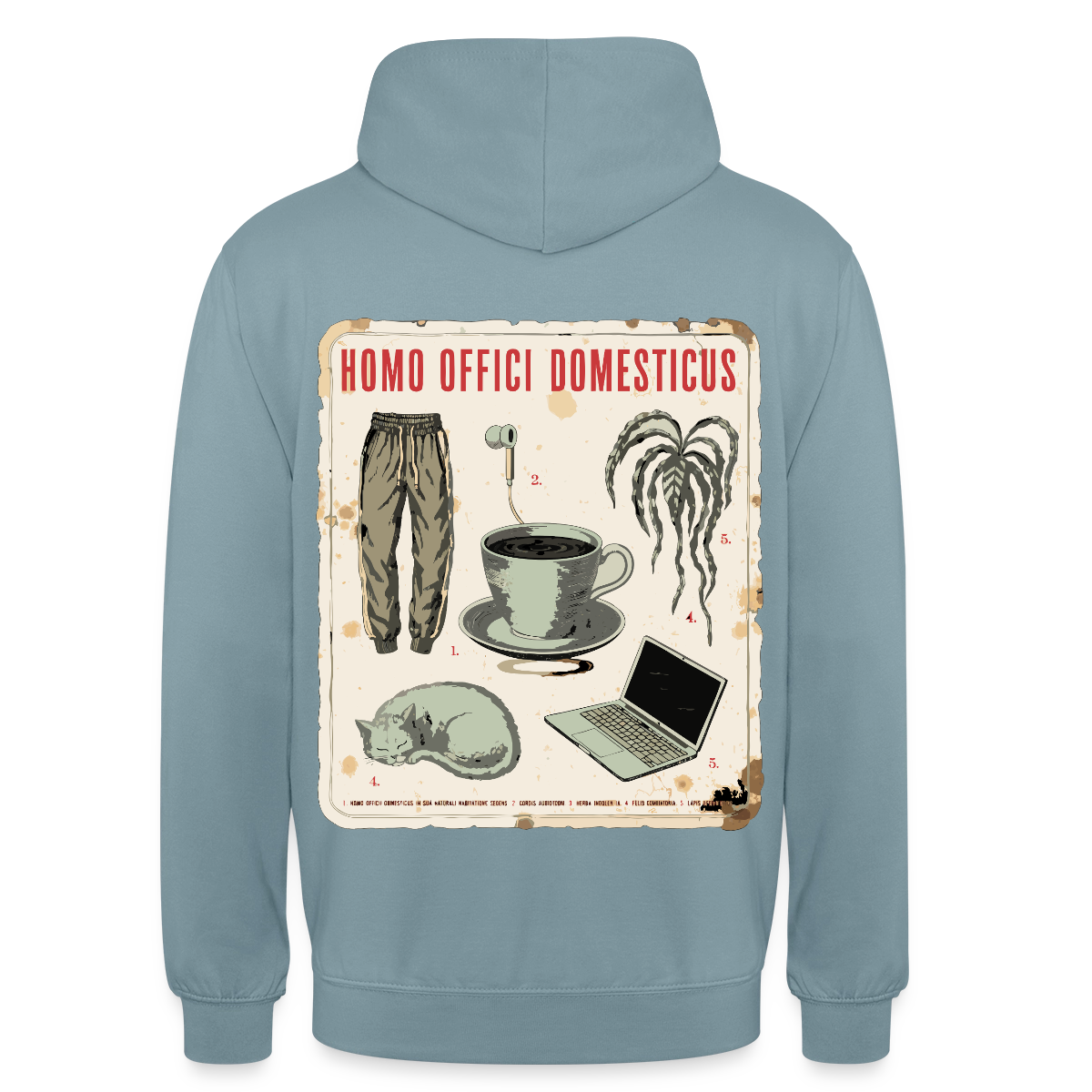 Homo Offici Domesticus Motiv-Hoodie unisex, Farbe Nebelblau, Model