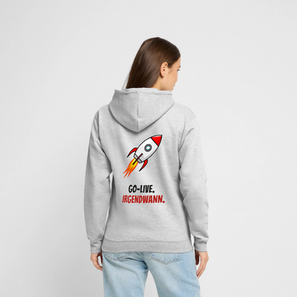 Go-Live. Irgendwann. Motiv-Hoodie unisex, Farbe Hellgrau meliert, Model