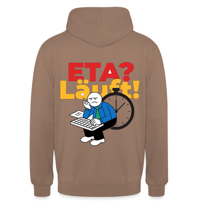"ETA? Läuft! Strichfiguren-Motiv" Motiv-Hoodie unisex, Farbe Mokka