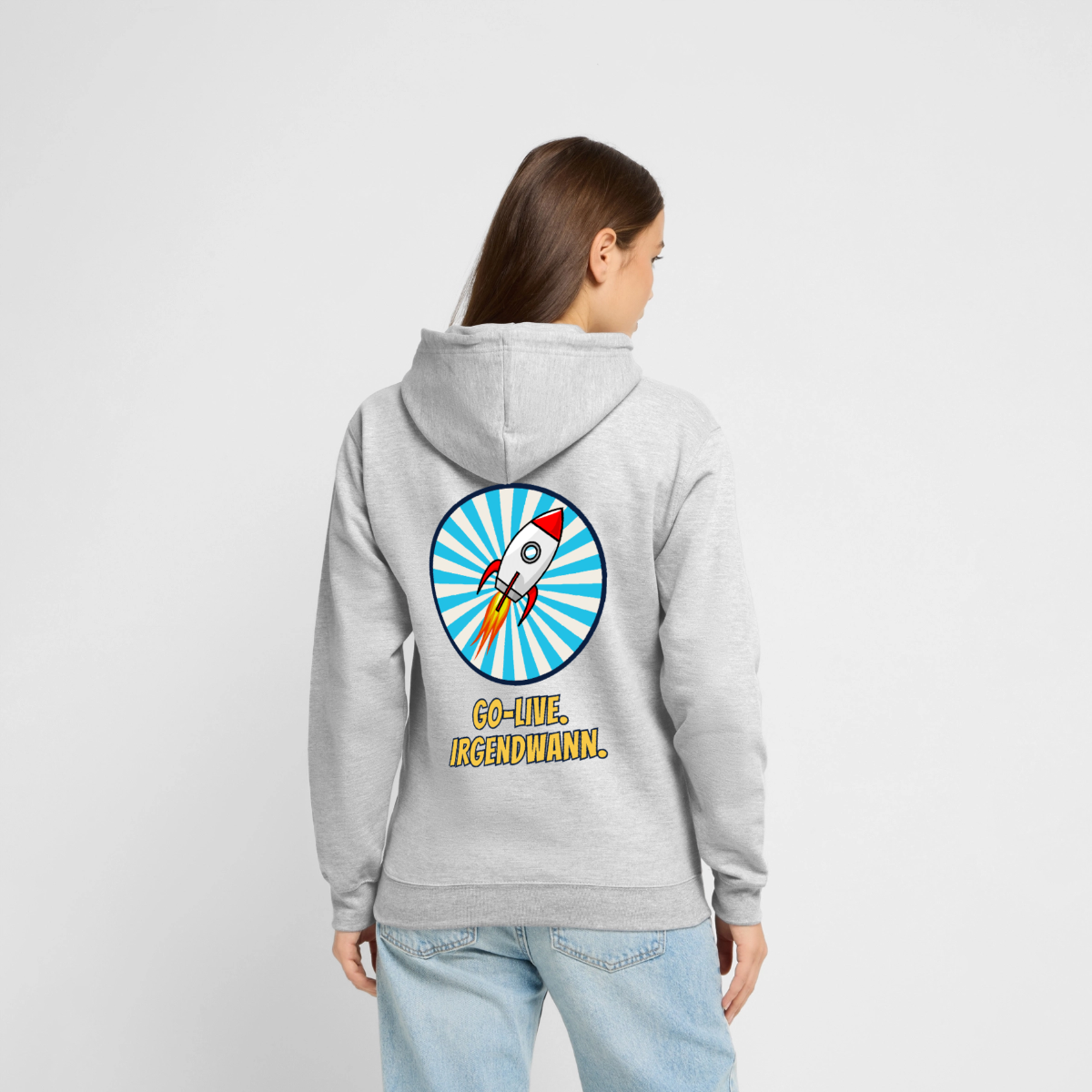 Go-Live. Irgendwann. Comic-Motiv Motiv-Hoodie unisex, Farbe Hellgrau meliert, Model