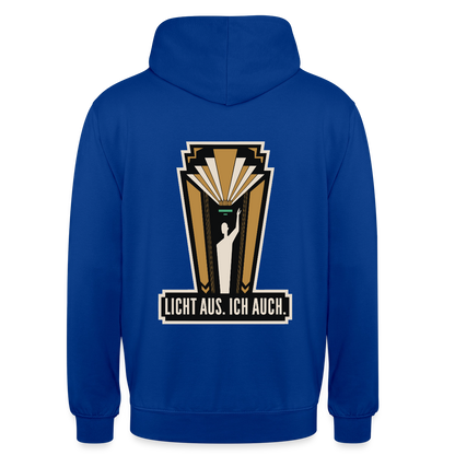"Licht aus. Ich auch. Art-déco-Motiv" Motiv-Hoodie unisex, Farbe Royalblau