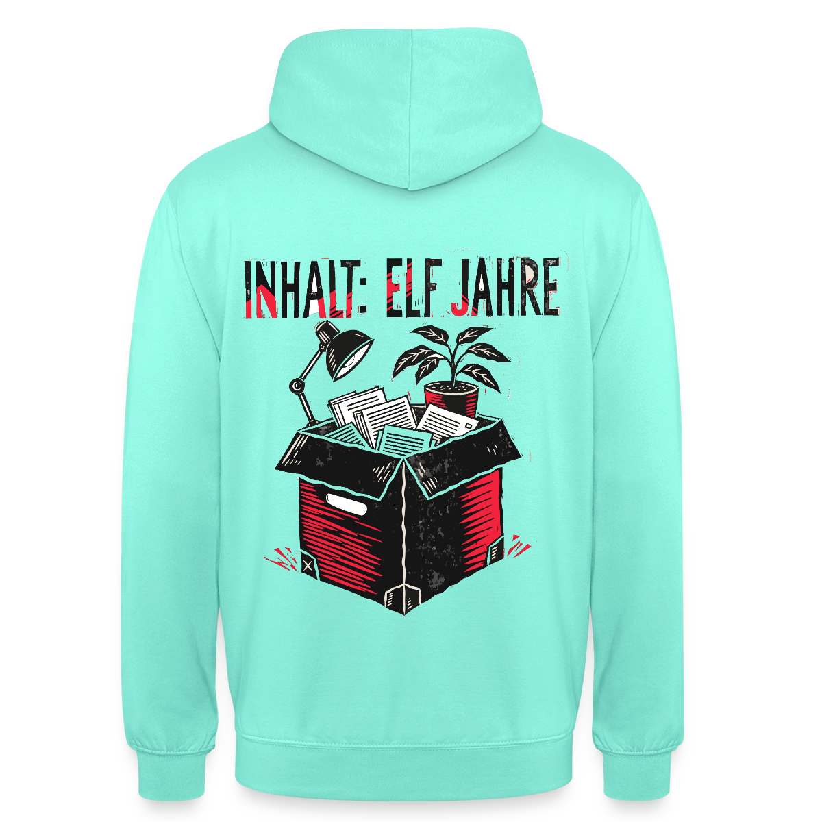 "Inhalt: elf Jahre. Linolschnitt-Motiv" Motiv-Hoodie unisex, Farbe Mint