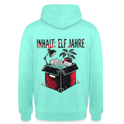 "Inhalt: elf Jahre. Linolschnitt-Motiv" Motiv-Hoodie unisex, Farbe Mint
