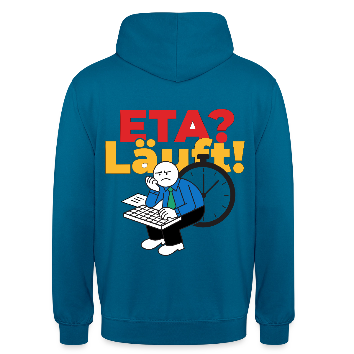 "ETA? Läuft! Strichfiguren-Motiv" Motiv-Hoodie unisex, Farbe Tiefseeblau