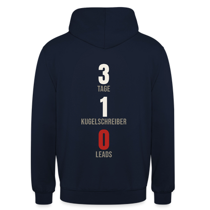 3 Tage. 1 Kugelschreiber. 0 Leads. Motiv-Hoodie unisex, Farbe Navy