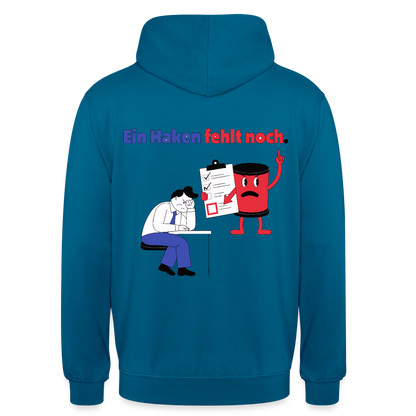 Ein Haken fehlt noch. Comic-Motiv Motiv-Hoodie unisex, Farbe Tiefseeblau