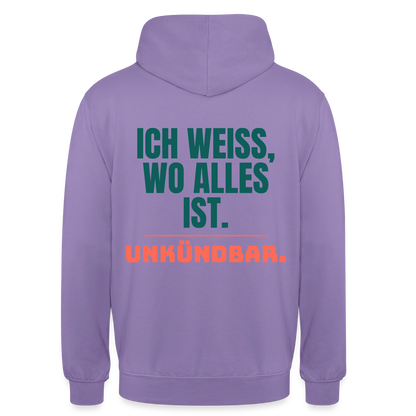 Ich weiß, wo alles ist. Unkündbar. Motiv-Hoodie unisex, Farbe Lavendel