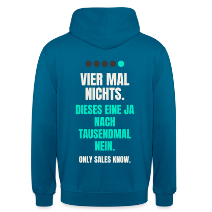 Vier Mal nichts. Dieses eine Ja nach tausendmal Nein. Motiv-Hoodie unisex, Farbe Tiefseeblau