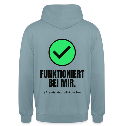 Funktioniert bei mir. Ende der Diskussion. Motiv-Hoodie unisex, Farbe Nebelblau