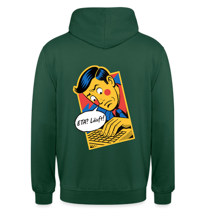 "ETA? Läuft! Popart-Motiv" Motiv-Hoodie unisex, Farbe Flaschengrün