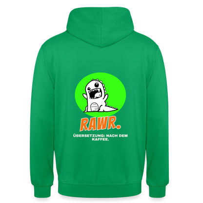 "Rawr. Übersetzung: nach dem Kaffee. Sticker-Motiv" Motiv-Hoodie unisex, Farbe Kelly Green