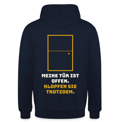 Meine Tür ist offen. Klopfen Sie trotzdem. Motiv-Hoodie unisex, Farbe Navy