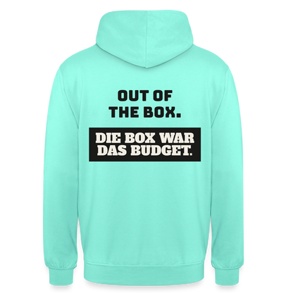Out of the Box. Die Box war das Budget. Motiv-Hoodie unisex, Farbe Mint