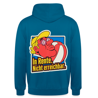 "In Rente. Nicht erreichbar. Popart-Motiv" Motiv-Hoodie unisex, Farbe Tiefseeblau