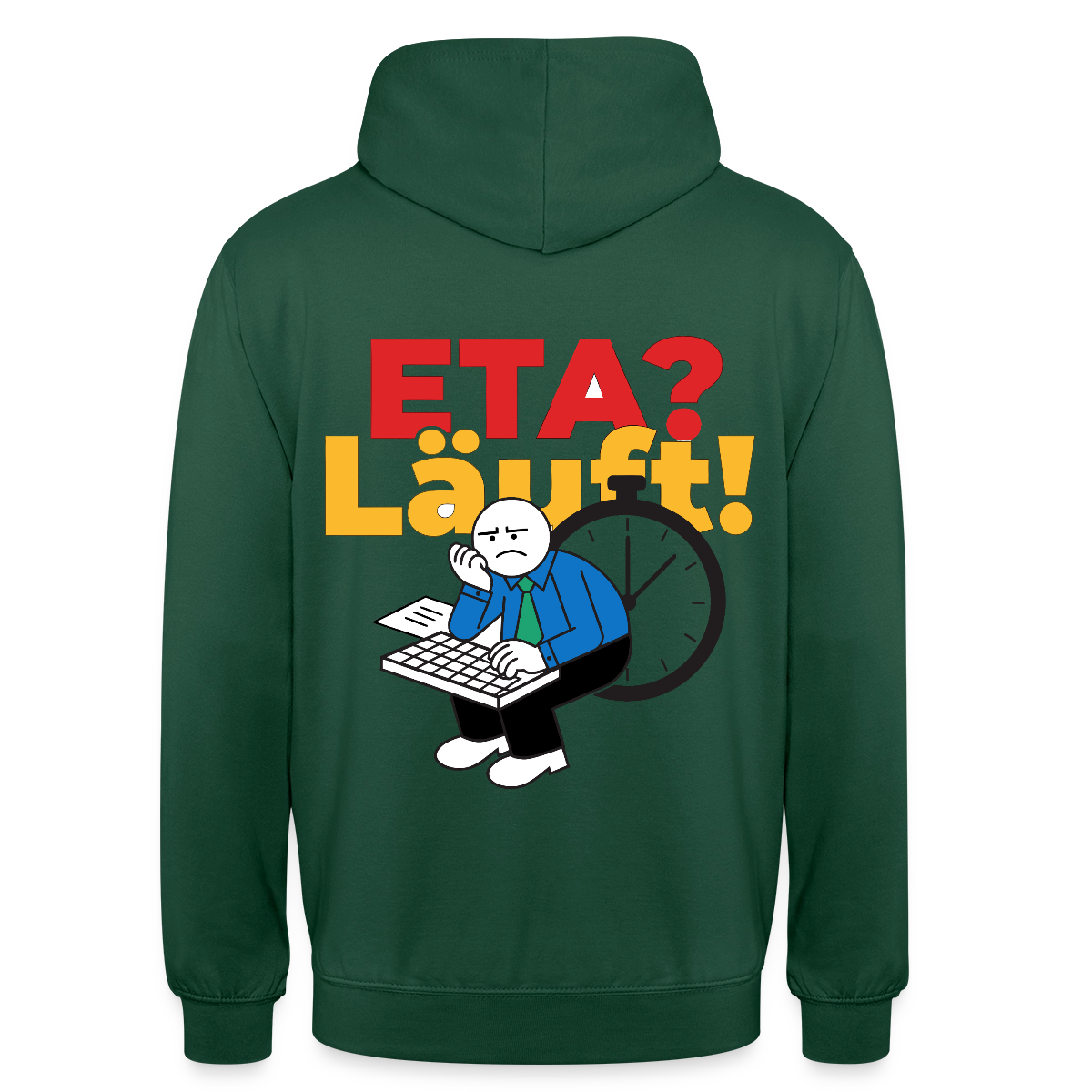 "ETA? Läuft! Strichfiguren-Motiv" Motiv-Hoodie unisex, Farbe Flaschengrün