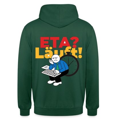 "ETA? Läuft! Strichfiguren-Motiv" Motiv-Hoodie unisex, Farbe Flaschengrün