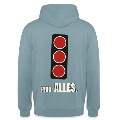 "Prio: alles." Motiv-Hoodie unisex, Farbe Nebelblau
