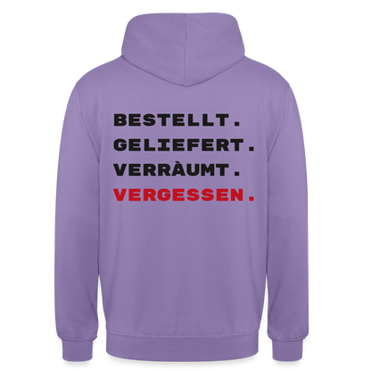 Bestellt. Geliefert. Verräumt. Vergessen. Motiv-Hoodie unisex, Farbe Lavendel