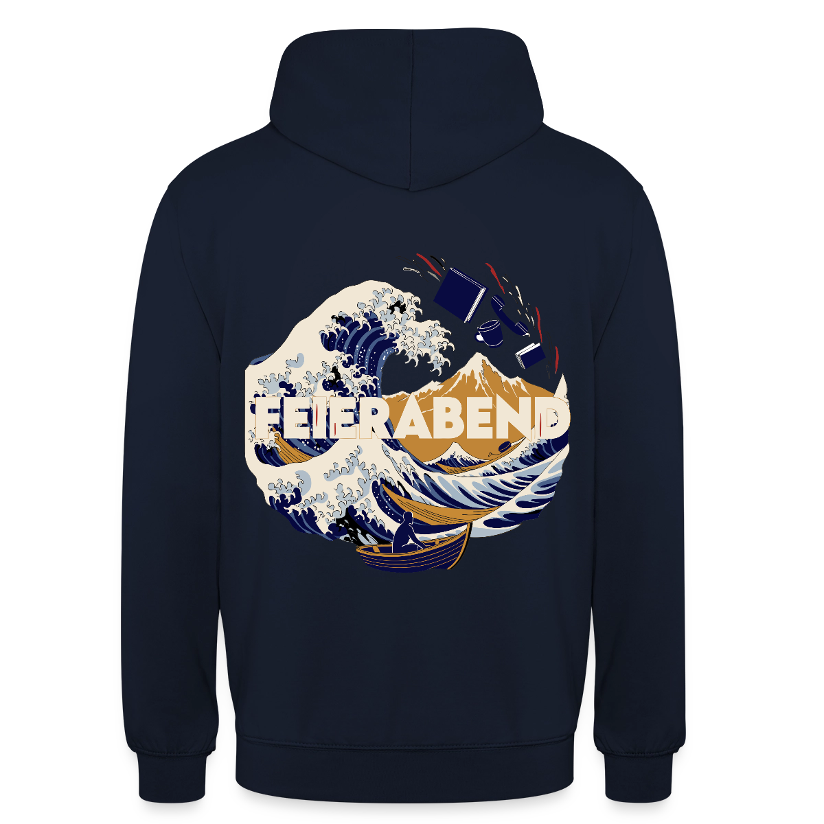 "Feierabend. Ukiyo-e-Motiv" Motiv-Hoodie unisex, Farbe Navy