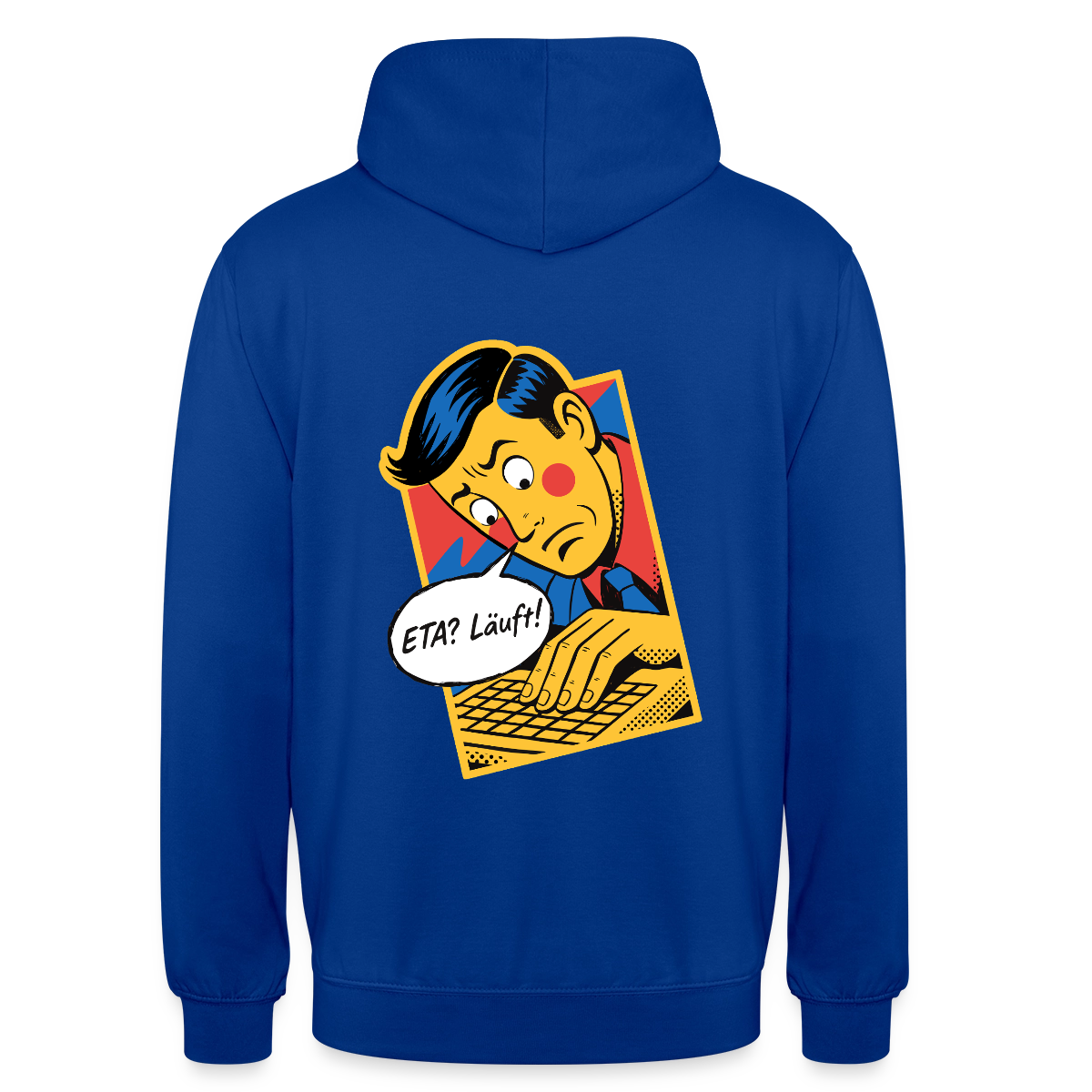 "ETA? Läuft! Popart-Motiv" Motiv-Hoodie unisex, Farbe Royalblau