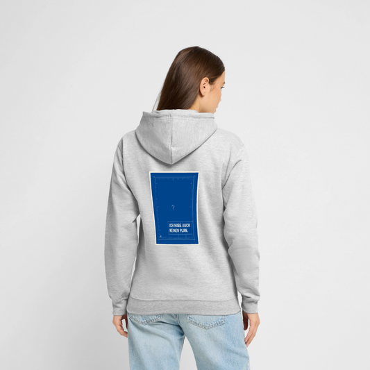 Ich habe auch keinen Plan. Motiv-Hoodie unisex, Farbe Hellgrau meliert, Model
