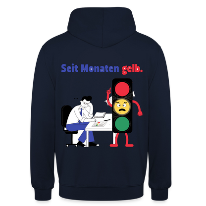 "Seit Monaten gelb. Ampel-Motiv" Motiv-Hoodie unisex, Farbe Navy