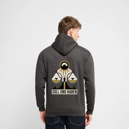 "Soll und Haben. Art-déco-Motiv" Motiv-Hoodie unisex, Farbe Anthrazit, Model