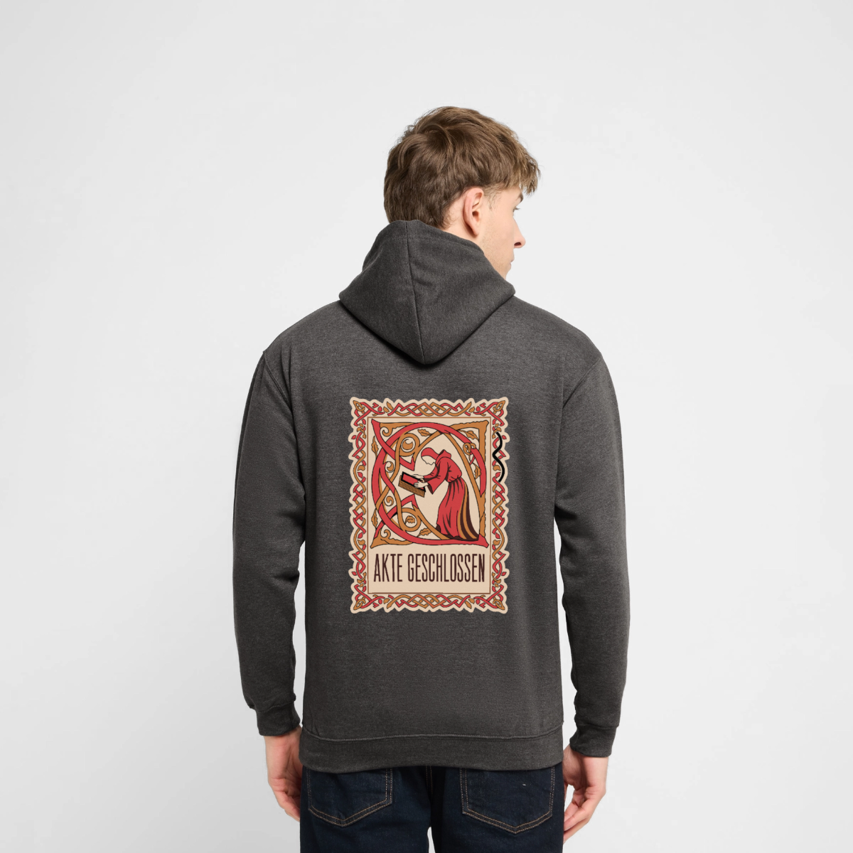 "Akte geschlossen. Buchmalerei-Motiv" Motiv-Hoodie unisex, Farbe Anthrazit, Model