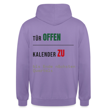Tür offen. Kalender zu. Motiv-Hoodie unisex, Farbe Lavendel