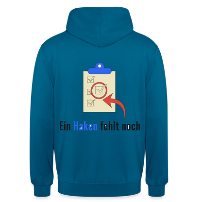 "Ein Haken fehlt noch." Motiv-Hoodie unisex, Farbe Tiefseeblau