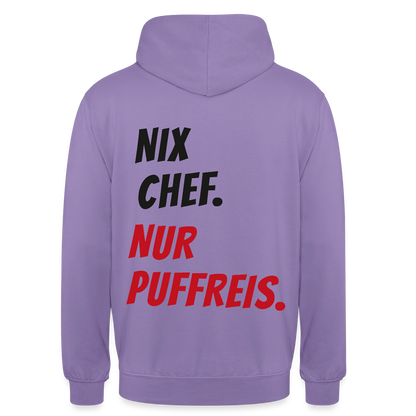 "Nix Chef. Nur Puffreis." Motiv-Hoodie unisex, Farbe Lavendel