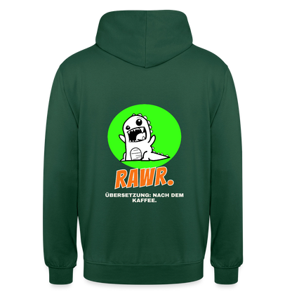 "Rawr. Übersetzung: nach dem Kaffee. Sticker-Motiv" Motiv-Hoodie unisex, Farbe Flaschengrün