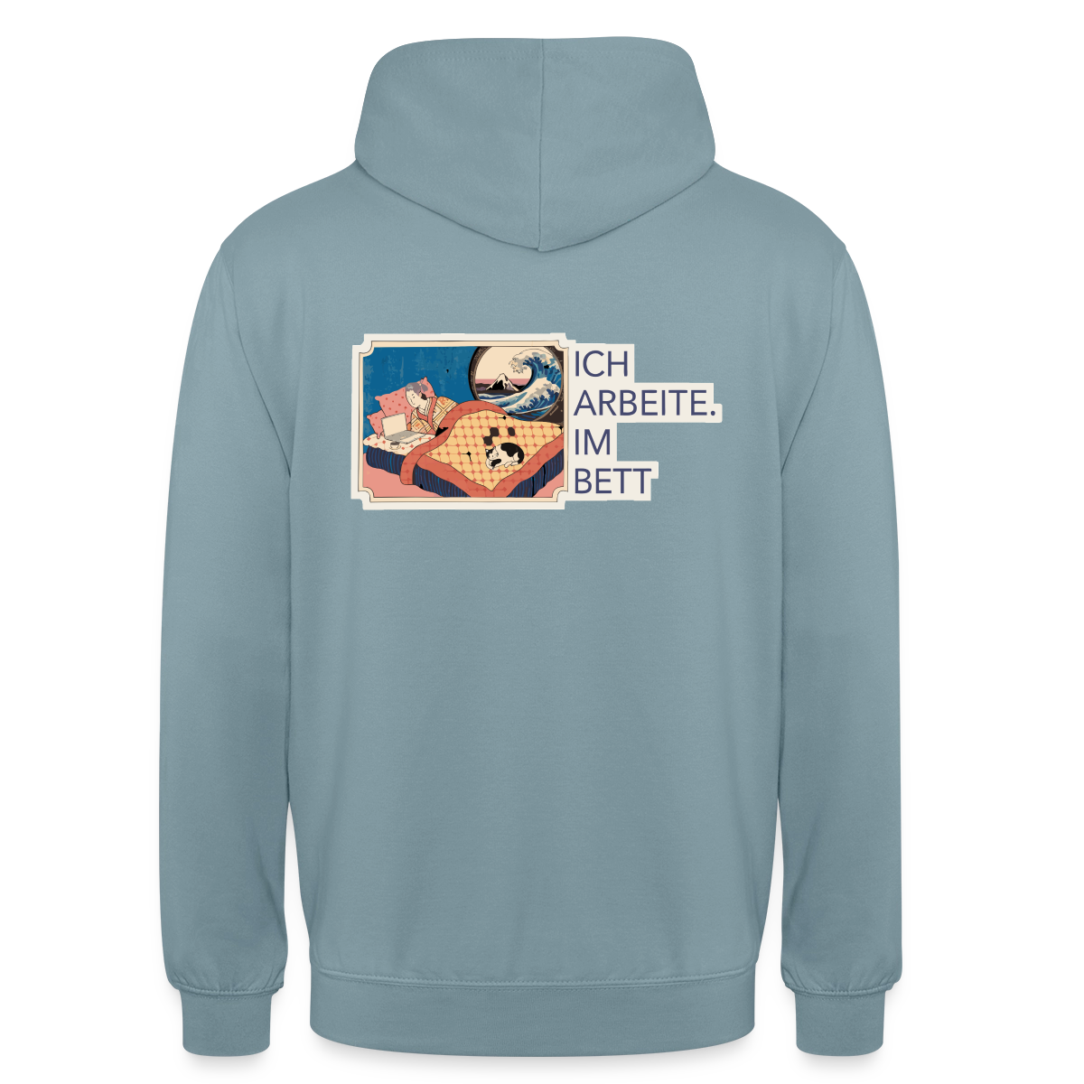 Ich arbeite. Im Bett. Motiv-Hoodie unisex, Farbe Nebelblau