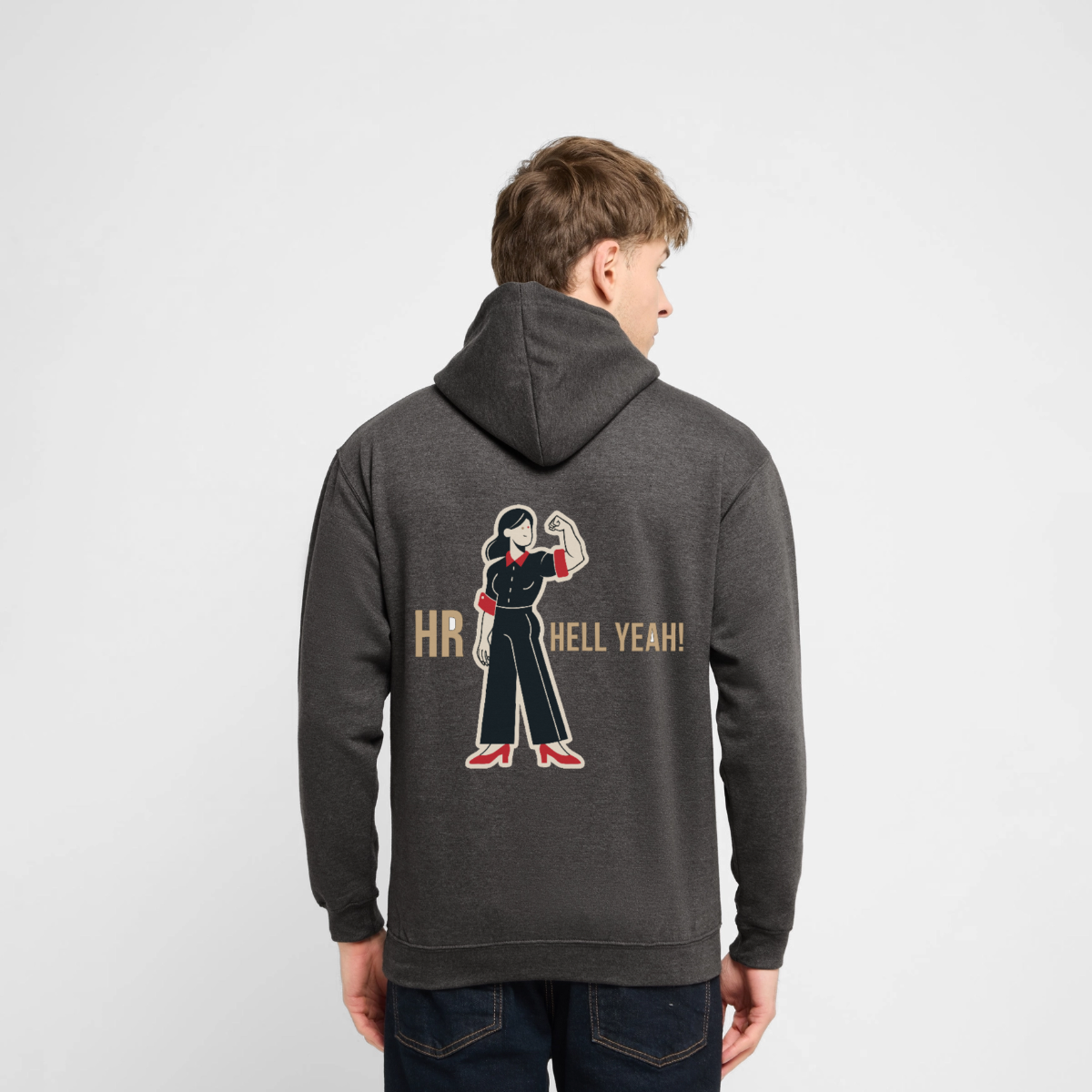 "HR. Hell yeah!" Motiv-Hoodie unisex, Farbe Anthrazit, Model