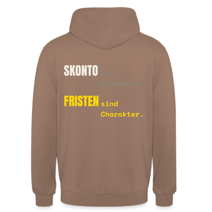 "Skonto ist Mathematik. Fristen sind Charakter." Motiv-Hoodie unisex, Farbe Mokka
