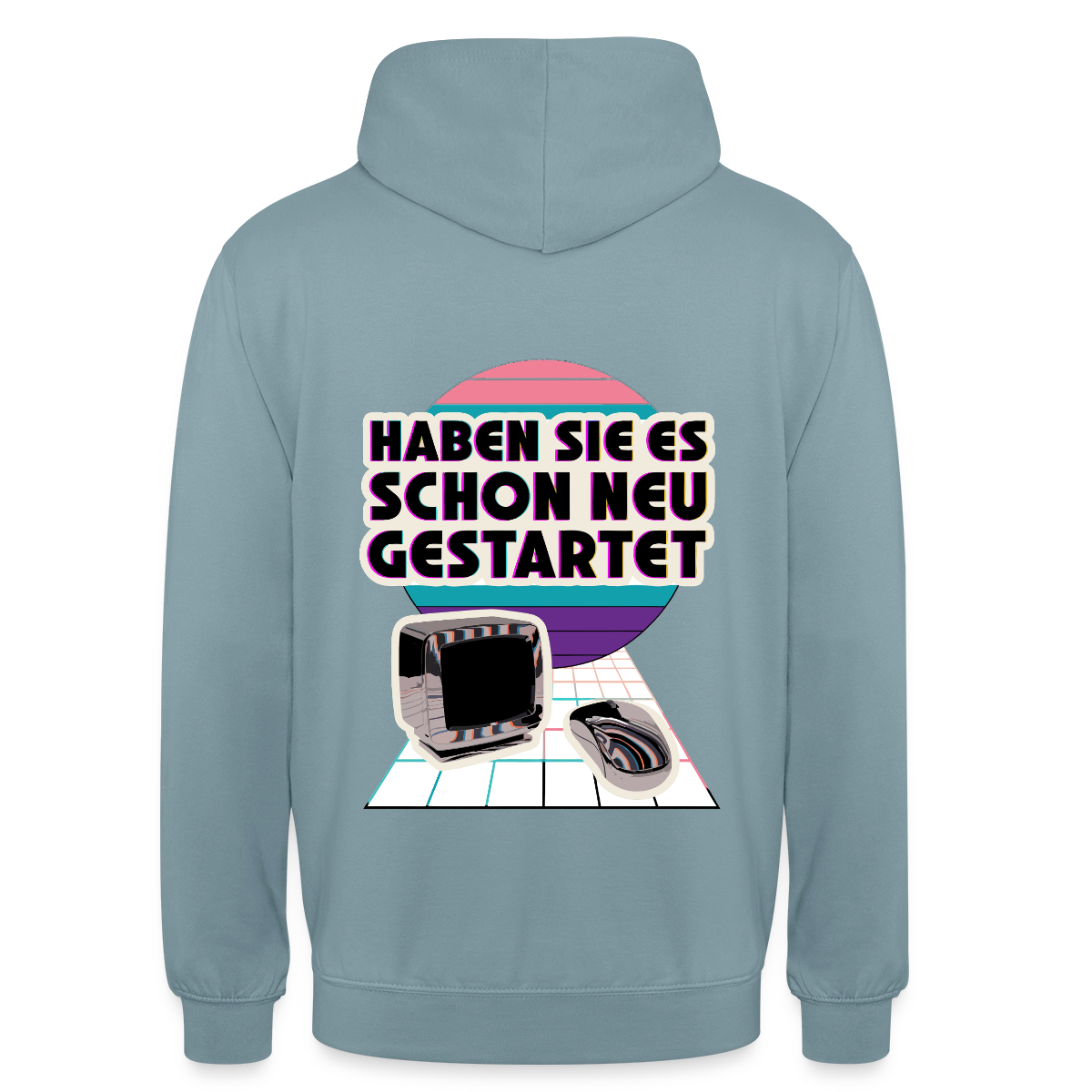 Haben Sie es schon neu gestartet? Vaporwave-Motiv Motiv-Hoodie unisex, Farbe Nebelblau