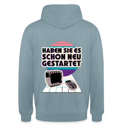 Haben Sie es schon neu gestartet? Vaporwave-Motiv Motiv-Hoodie unisex, Farbe Nebelblau