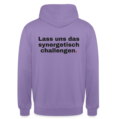 "Lass uns das synergetisch challengen." Motiv-Hoodie unisex, Farbe Lavendel