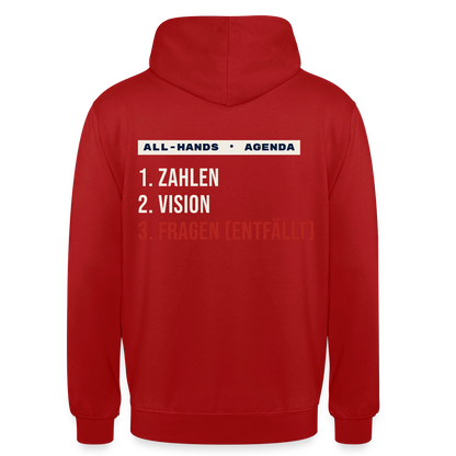 All-Hands-Agenda: 1 Zahlen, 2 Vision, 3 Fragen (entfällt) Motiv-Hoodie unisex, Farbe Rot